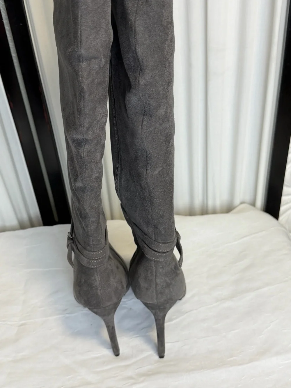 Lost Ink women’s knee high grey suede stiletto boots